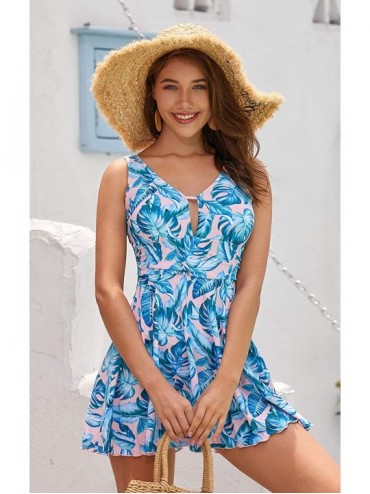 One-Pieces Women's Sexy One Piece Skirt Swimsuit Ruched Retro Swimdress Suits - Leaves - CM195KUHLL7 $30.64