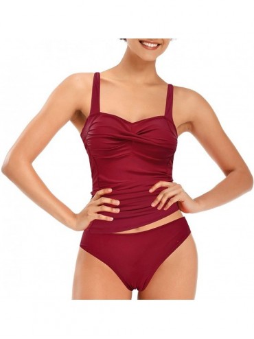 Tankinis Women's Retro Twisted Front Tankini Set Tummy Control Two Piece Swimsuit - Wine Red - CY198AAIR6K $30.30