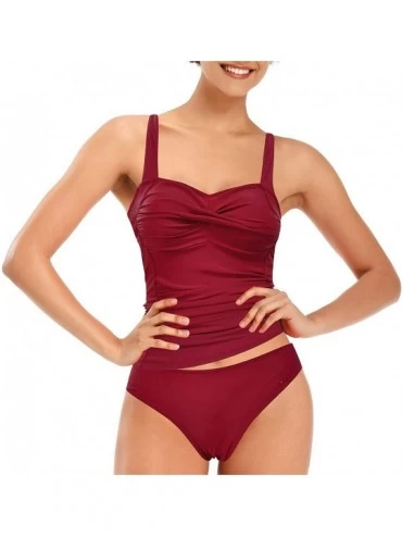 Tankinis Women's Retro Twisted Front Tankini Set Tummy Control Two Piece Swimsuit - Wine Red - CY198AAIR6K $48.74