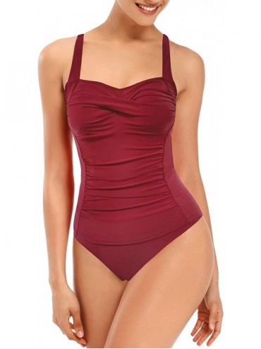 Tankinis Women's Retro Twisted Front Tankini Set Tummy Control Two Piece Swimsuit - Wine Red - CY198AAIR6K $30.30