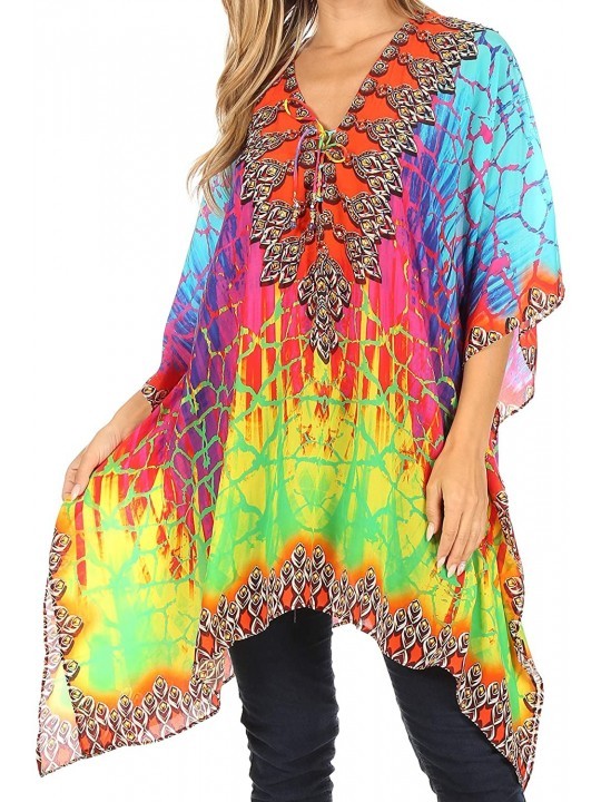Cover-Ups Aymee Women's Caftan Poncho Cover up V Neck Top Lace up with Rhinestone - Jm91-multi - CW193DHD24D $39.69