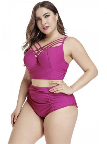 Sets Women's Plus Size Strappy Swimwear Ruffled High Waist Bikini Set Bathing Suit - Pink - CA18RC8IOIX $36.37