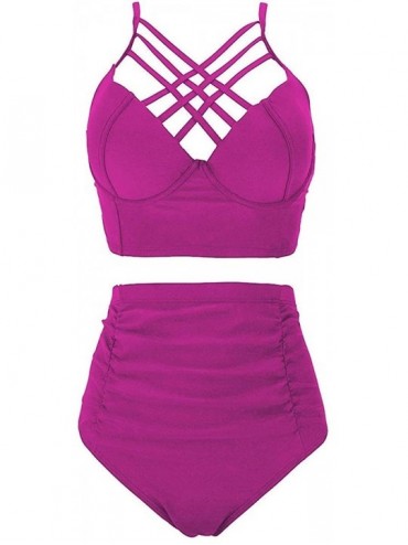 Sets Women's Plus Size Strappy Swimwear Ruffled High Waist Bikini Set Bathing Suit - Pink - CA18RC8IOIX $21.34