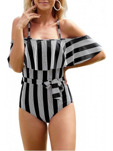 One-Pieces Sexy One Piece Swimsuits for Women Tummy Control Off Shoulder Striped Flounce Ruffle Lace-up Bathing Suit - Black ...