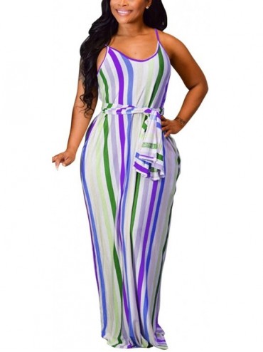 Cover-Ups Women's Sexy Spaghetti Strap Stripe Long Maxi Dresses Floor Length Sleeveless Plus Size Sundresses with Pockets - S...