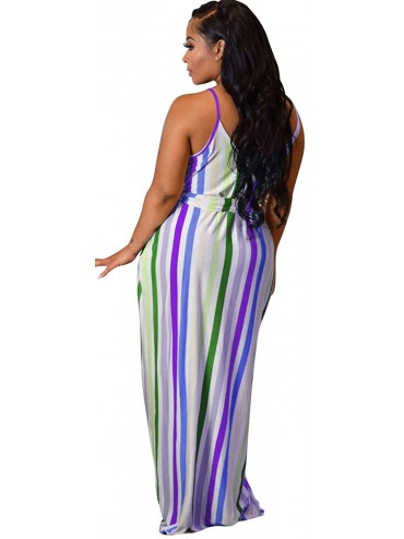 Cover-Ups Women's Sexy Spaghetti Strap Stripe Long Maxi Dresses Floor Length Sleeveless Plus Size Sundresses with Pockets - S...