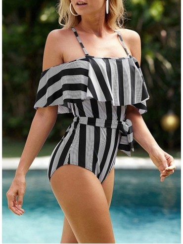 One-Pieces Sexy One Piece Swimsuits for Women Tummy Control Off Shoulder Striped Flounce Ruffle Lace-up Bathing Suit - Black ...