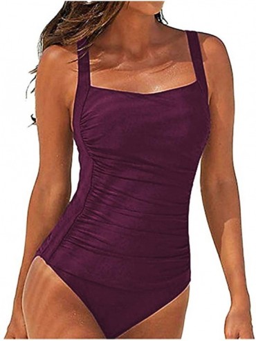 One-Pieces One Piece Swimsuits- Women Summer Backless Sexy Solid Swimwear Beachwear Siamese Swimsuit Bikini - Wine - C818TY2M...