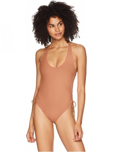 One-Pieces Women's Missy Ruched Side V-Neck One Piece Swimsuit - Ibiza Ribbed Bronze - C01806YYMMS $47.48