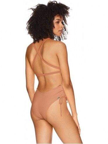 One-Pieces Women's Missy Ruched Side V-Neck One Piece Swimsuit - Ibiza Ribbed Bronze - C01806YYMMS $47.48
