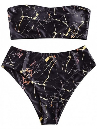 Sets Women's Two Piece Solid Strapless High Cut Bandeau Bikini Set Swimsuit - Yz-black-yellow - CF199CCULUA $30.59