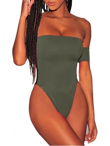 One-Pieces Womens Off Shoulder One Piece Swimsuits Tummy Control Lace Up High Cut Monokini Bathing Suit - Army Green - C718N8...