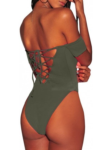 One-Pieces Womens Off Shoulder One Piece Swimsuits Tummy Control Lace Up High Cut Monokini Bathing Suit - Army Green - C718N8...