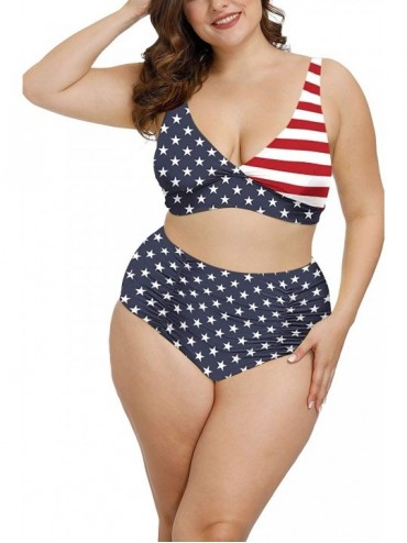 Sets Women's Plus Size Swimwear High Waisted Swimsuits Ruched Tummy Control Bikini Set - Z - American Flag - C6190E2689M $50.09