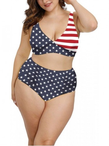 Sets Women's Plus Size Swimwear High Waisted Swimsuits Ruched Tummy Control Bikini Set - Z - American Flag - C6190E2689M $27.45