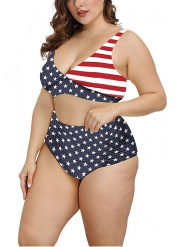 Sets Women's Plus Size Swimwear High Waisted Swimsuits Ruched Tummy Control Bikini Set - Z - American Flag - C6190E2689M $27.45