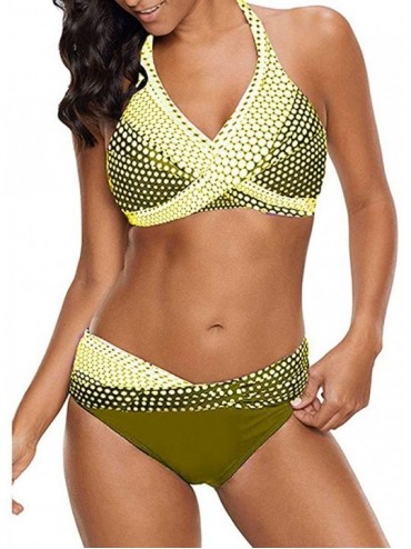 Sets Women Polka Dots Bathing Suit Push-Up Beach Swimsuit Bikini Neck Tankini Set - Yellow - CL18U964RZC $12.97