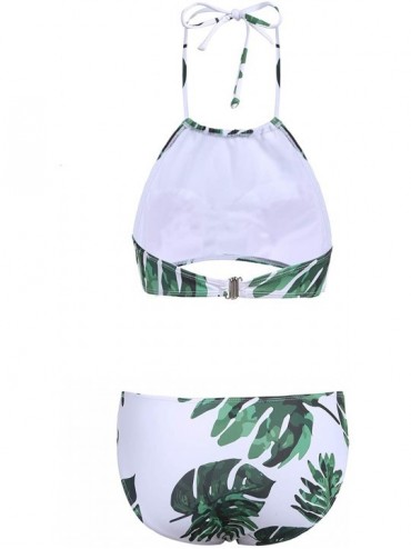 Sets Womens Forest Leaves Printing High Neck Halter Bikini Set Swimsuit XS-XXL - White Green - CI18E59N25X $27.18