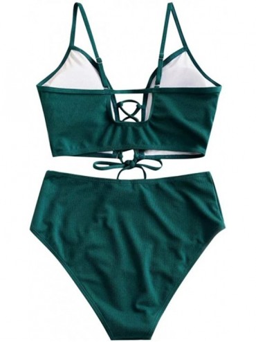 Sets Two Piece Bikini Sets for Women Push Up Swimsuit High Waisted Tummy Control Bathing Suits Lace Up Tankini 02 Green - CI1...