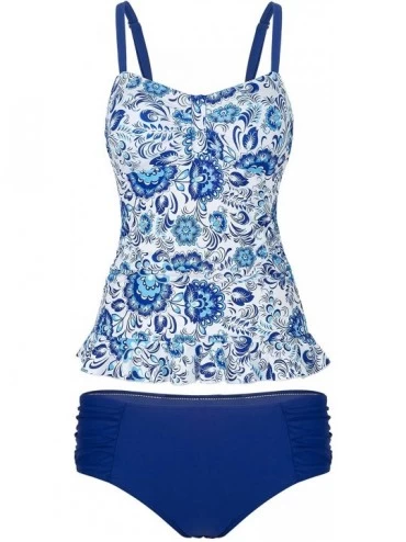 Tankinis Women's Solid Ruched Tankini Top Swimsuit with Triangle Briefs - Blue - CV18RUZKWN7 $58.89