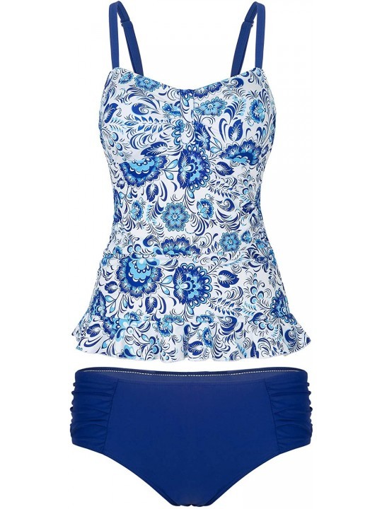 Tankinis Women's Solid Ruched Tankini Top Swimsuit with Triangle Briefs - Blue - CV18RUZKWN7 $28.67
