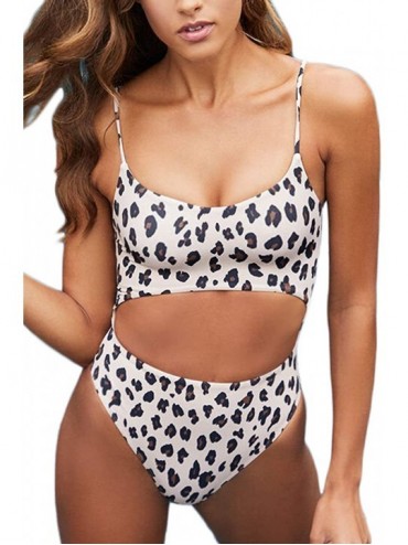 One-Pieces Womens Scoop Neck Cut Out Front Lace Up Back High Cut Monokini One Piece Swimsuit - Leopard - CD192HOZIIY $42.59