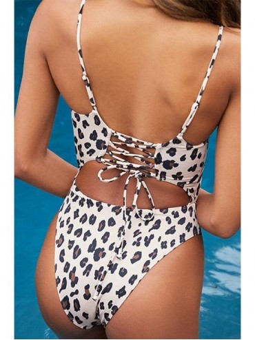 One-Pieces Womens Scoop Neck Cut Out Front Lace Up Back High Cut Monokini One Piece Swimsuit - Leopard - CD192HOZIIY $28.20
