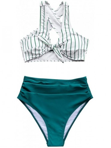 Sets Women's Teal Solid Shirring Striped High Waisted Bikini Sets - CO1908SH80G $20.31