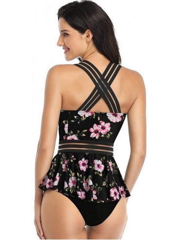 Tankinis Women's Swimsuit Two Piece Ruffled Tank Top High Waist Bottoms Bathing Suit - Black & Floral - C41908TG983 $16.26