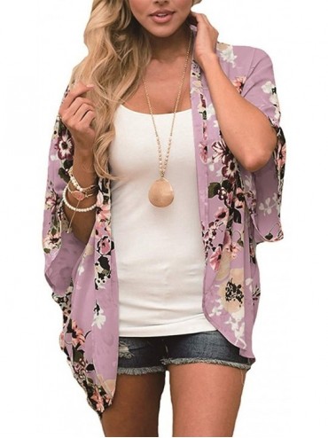 Cover-Ups Women Casual Floral Short Sleeve Shawl Chiffon Kimono Cover Up Blouse Top - D2007 Pink - CT18IIT2EK6 $23.21