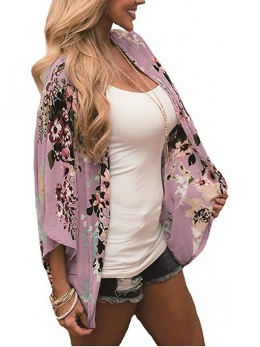 Cover-Ups Women Casual Floral Short Sleeve Shawl Chiffon Kimono Cover Up Blouse Top - D2007 Pink - CT18IIT2EK6 $11.13