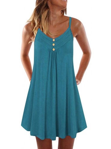 Cover-Ups Women's Summer Tank Dress Casual Sleeveless Knee Length Pleated Sun Dresses Spaghetti Strap Cami Tank - Green a - C...