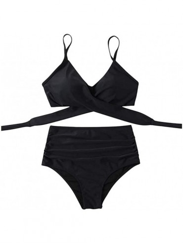 Tankinis Womens Swimsuits Bikini- Women Wrap Bikini Set Push Up High Waisted 2 Piece Swimsuits - Y01-black - C7190748C4O $22.06