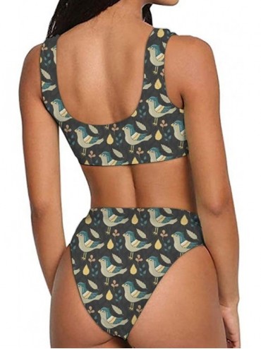 Sets Stylish Allover Print Women Cheeky Bikini Scoop Neck Sporty Top High Cut Bottom Bathing Suits - Birds Leaves 2 - CH18R4Q...