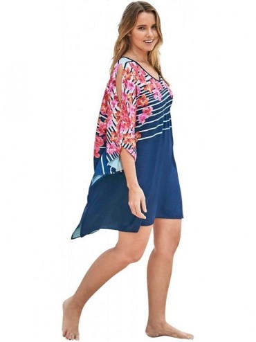 Cover-Ups Women's Plus Size Cold-Shoulder Cover Up Swimsuit Cover Up - Navy Hibiscus Stripe (1271) - CO199L3S53S $27.58