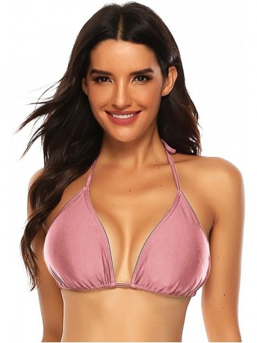 Sets Women's Sexy Padded V-Neck Triangle Bikini Top Push up Lace-up Classic Retro Separates Swimwear - 1 Pink - CS18UD380M8 $...