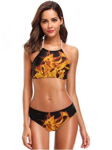 Sets American Flag Bikini Swimsuit Womens High Neck Halter Two Piece Bathing Suit - Flame - CE18RROYAGW $56.64