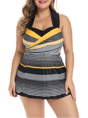 Tankinis Womens Criss Cross Straps Swimdress Swimsuit Plus Size Tankini Set with Boyshort - Black Yellow - CN18TUX7576 $28.45