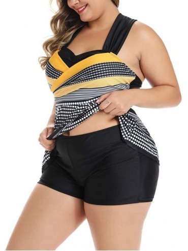 Tankinis Womens Criss Cross Straps Swimdress Swimsuit Plus Size Tankini Set with Boyshort - Black Yellow - CN18TUX7576 $28.45