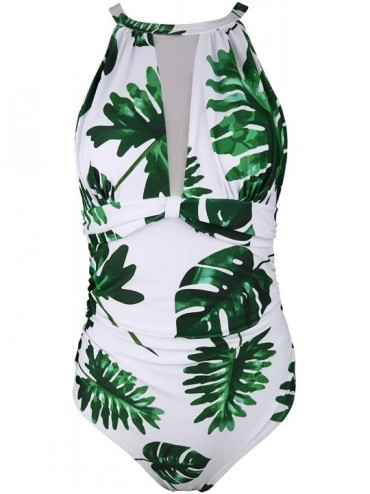 One-Pieces Women One Piece Swimsuit High Neck Plunge Mesh Ruched Monokini Swimwear - Green Leaf-1 - C518WIICW08 $14.19