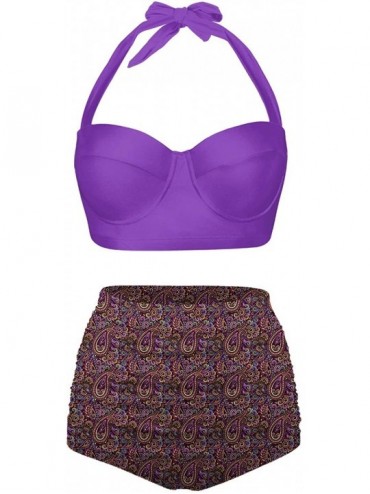 Sets Womens Classic Geometric Summer Halter Bikini Push up High Waisted Swimsuits - Darkviolet - CH196ST3HXK $67.24