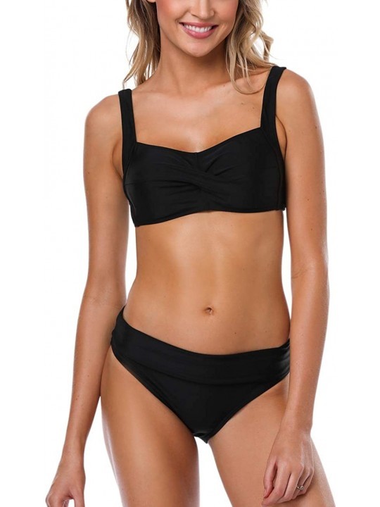 Sets Ruched Bikini Set Swimsuits Women Two Piece High Waisted Bathing Suits - Black - C618008AULR $19.91