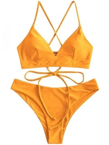 Sets Women's Bikini Set 2 Piece Swimsuit Solid Back Lace up Push Up Bikini Top Cheeky Thong Swimwear Beachwear Orange - C9196...