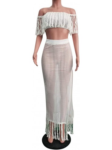 Cover-Ups Women Tassels Hollow Out 2 Piece Outfits Bikini Cover up Sleeveless Off Shoulder Crop Top and Split Maxi Dress Set ...