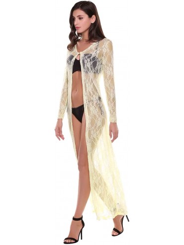 Cover-Ups Women's Lace Open Front Long Sleeve Sexy Cover Ups Crochet Sheer Maxi Cardigan - Beige - CN12N1PWXVX $17.06