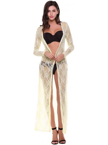 Cover-Ups Women's Lace Open Front Long Sleeve Sexy Cover Ups Crochet Sheer Maxi Cardigan - Beige - CN12N1PWXVX $7.97