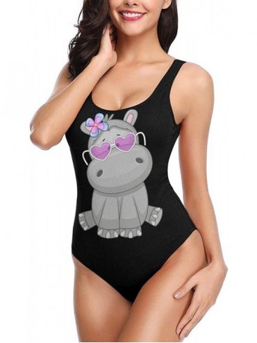Racing Hippo with Heart Glasses Women's One Piece Swimsuits Low Back Bathing Suit Bikini Swimwear - CN18XRUAZZH $42.65