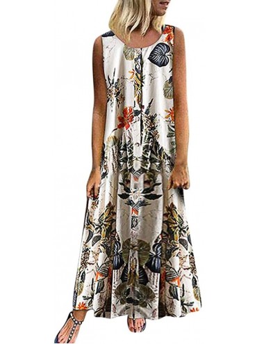 Bottoms Women Plus Size Bohemian O-Neck Floral Print Vintage Sleeveless Long Maxi Dress - A-white - CV18W7YTMXX $45.36