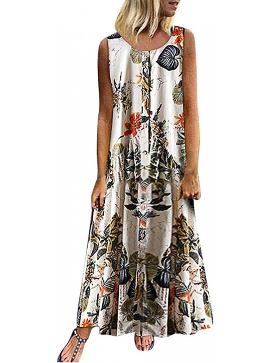Bottoms Women Plus Size Bohemian O-Neck Floral Print Vintage Sleeveless Long Maxi Dress - A-white - CV18W7YTMXX $25.33