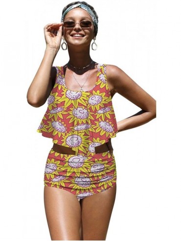 Racing Womens Colorful Sunflowers Botany Print Flounce Bikini Push up High Waisted Swimsuits - Yellow-2 - CY196M3NGOO $65.03